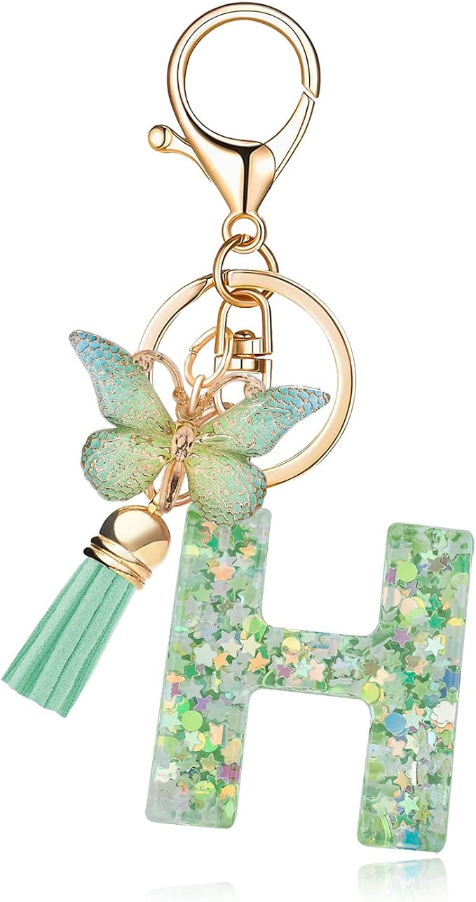 Fashion Alphabet Initial Letter Keychain Tassel Butterfly Pendant Key Ring for Purse Handbags Women Girl