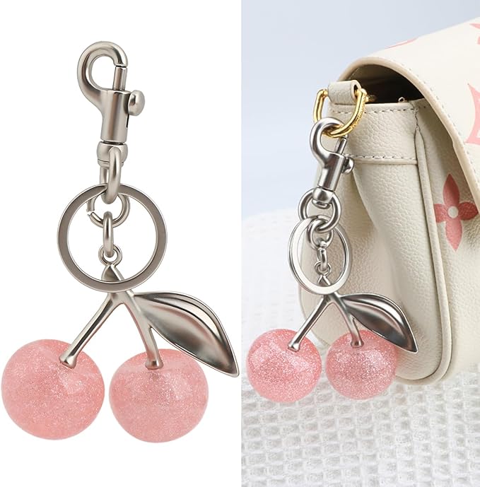 Cherry Keychain for Purse - Resin Alloy Silver Cherry Bag Charm，Cute Fruit Accessory for Women/Gift/Home/Car