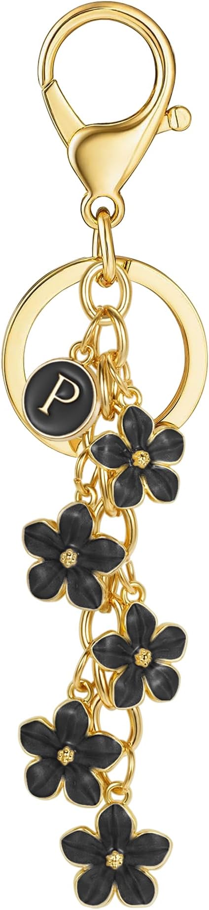 XGALBLA White Pink Black Cute Initial Letter Keychain for Women, Flower Bag Charms Enamel Keyring for Handbag Backpack