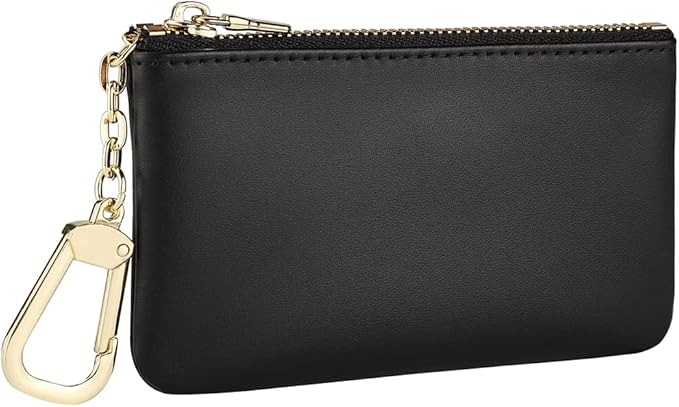Premium Genuine Full Grain Leather Mini Coin Purse Keychain Pouch Card Holder for Men Women (Black)