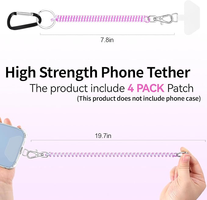 Doormoon Phone Lanyard Leash with 4 Patch, 2* Phone Tether, 4* Phone Tether Tab, 1* Carabiner for Climbing Outdoor Hiking Cycling Skiing Compatible for Smartphones Keys, PearlWhite*2