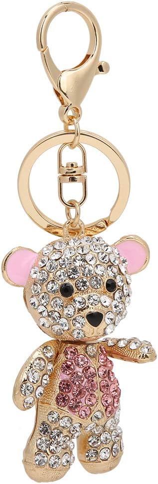 Cute Bear Key Ring Rhinestone, Pink Decorative Cartoon Metal Key Chain Lovely for Student Backpack Women Birthday Gift