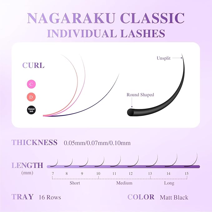 NAGARAKU Individual Eyelash Extensions, Volume & Classic Lashes 5th Generation Soft Natural Beauty Salon Professional Anti-rebound Single Lash Extension Supplies 16 Rows -0.07 D Curl 15mm
