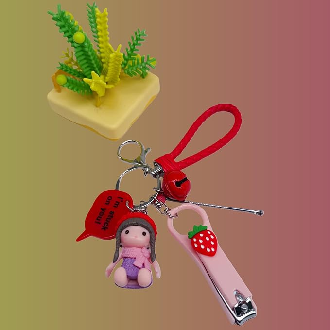 Cute Keychain with Nail Clipper Ear Pick for Women Girls Cute Key Chain Wristlet Cartoon Keychain Lanyard