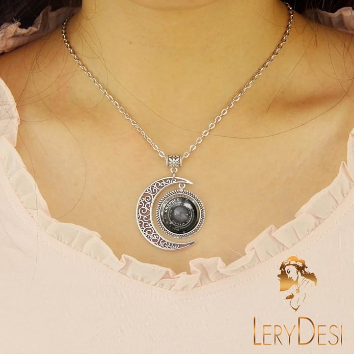 LERYDESI Camera necklace Moon pendant Photo printing handmade production Black grey lens Grahpex jewelry Photographer artist travel sport Gift Custom picture
