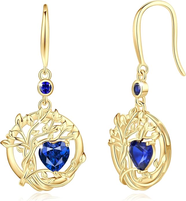 FANCIME Tree of Life Dangle Drop Earrings 925 Sterling Silver Dainty Round Gemstone Birthstone Earring Fine Jewelry Birthday Christmas Gifts for Her Women