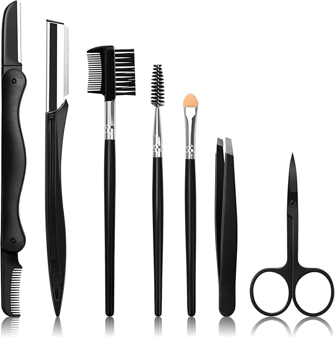 Sunuly Eyebrow Razor, 7 in 1 Brow Kit, Eyebrow Trimmer Set Including Brow Razors, Brush, Scissors, Tweezers, with Plastic Box for Women Men Eyelash Facial Grooming
