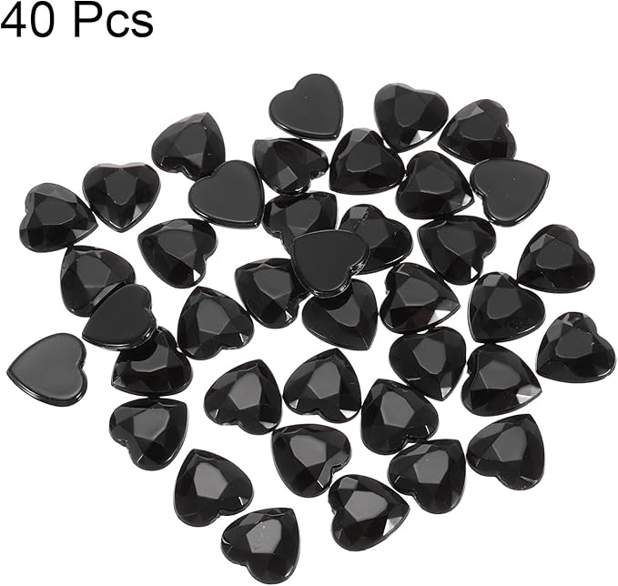 MECCANIXITY 40 Pcs Acrylic Heart Rhinestone 12mm Flat Back Plastic Gems Jewelry Stickers for Craft Bead Face Painting Costume Jewelry Making, Black