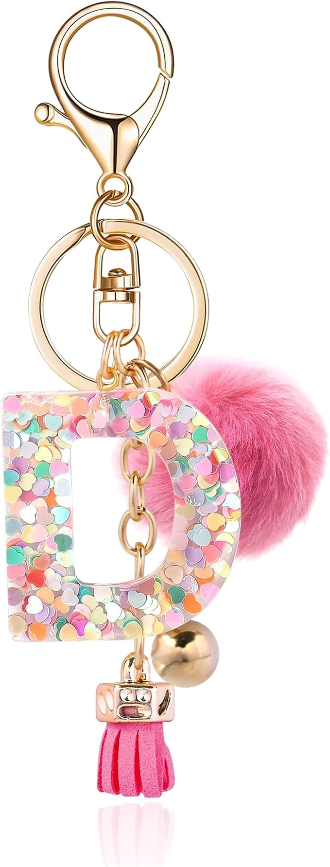 Resin Alphabet Initial Letter Keychain Keyring for Women Purse Handbags With Fur Ball Pom