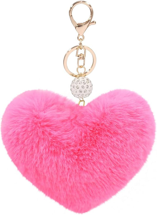 Women's Heart Faux Fur Pom Pom Key Chains Bag Accessory Puffball Keyring Backpack Charms for Girls