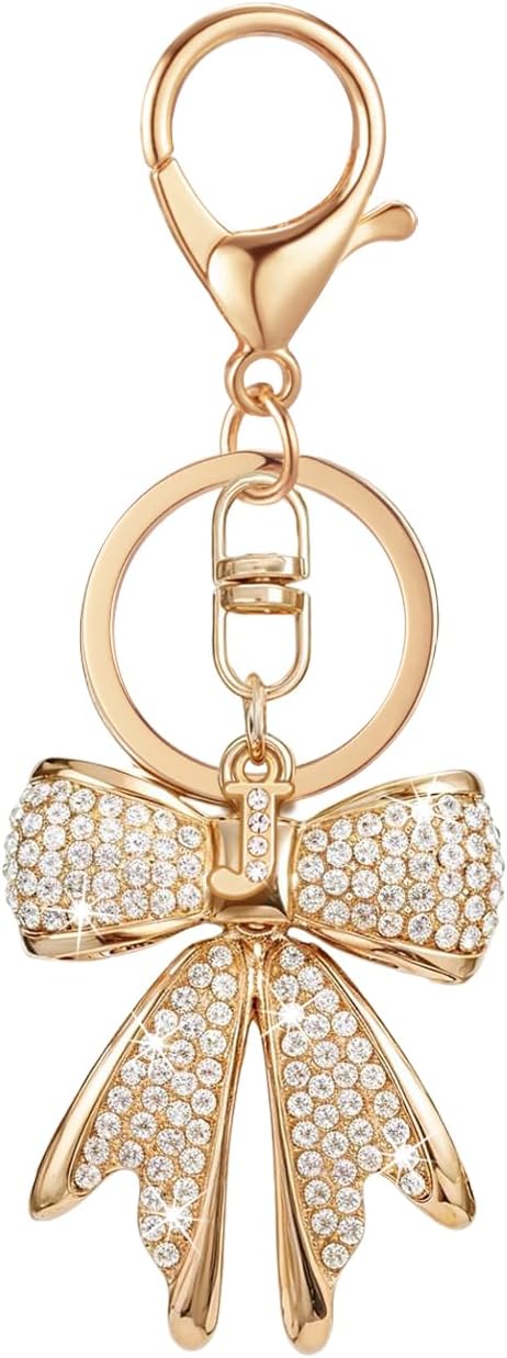 XGALBLA Sparkly Cute Initial Letter Rhinestone Bow Keychain for Women Gold Tone Bag Charms Coquette Aesthetic Purse Charms