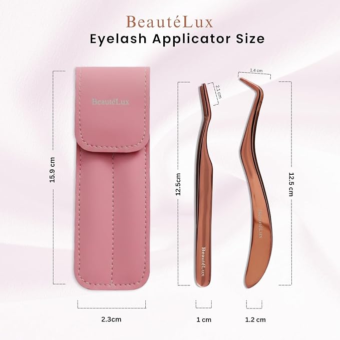 Eyelash Applicator Tweezers 2 PCS Tool for False Eyelash Application & Lash Extensions, Mistake-Proof Lash Placement Tweezers for Professional and DIY Use, with Pink Leather case