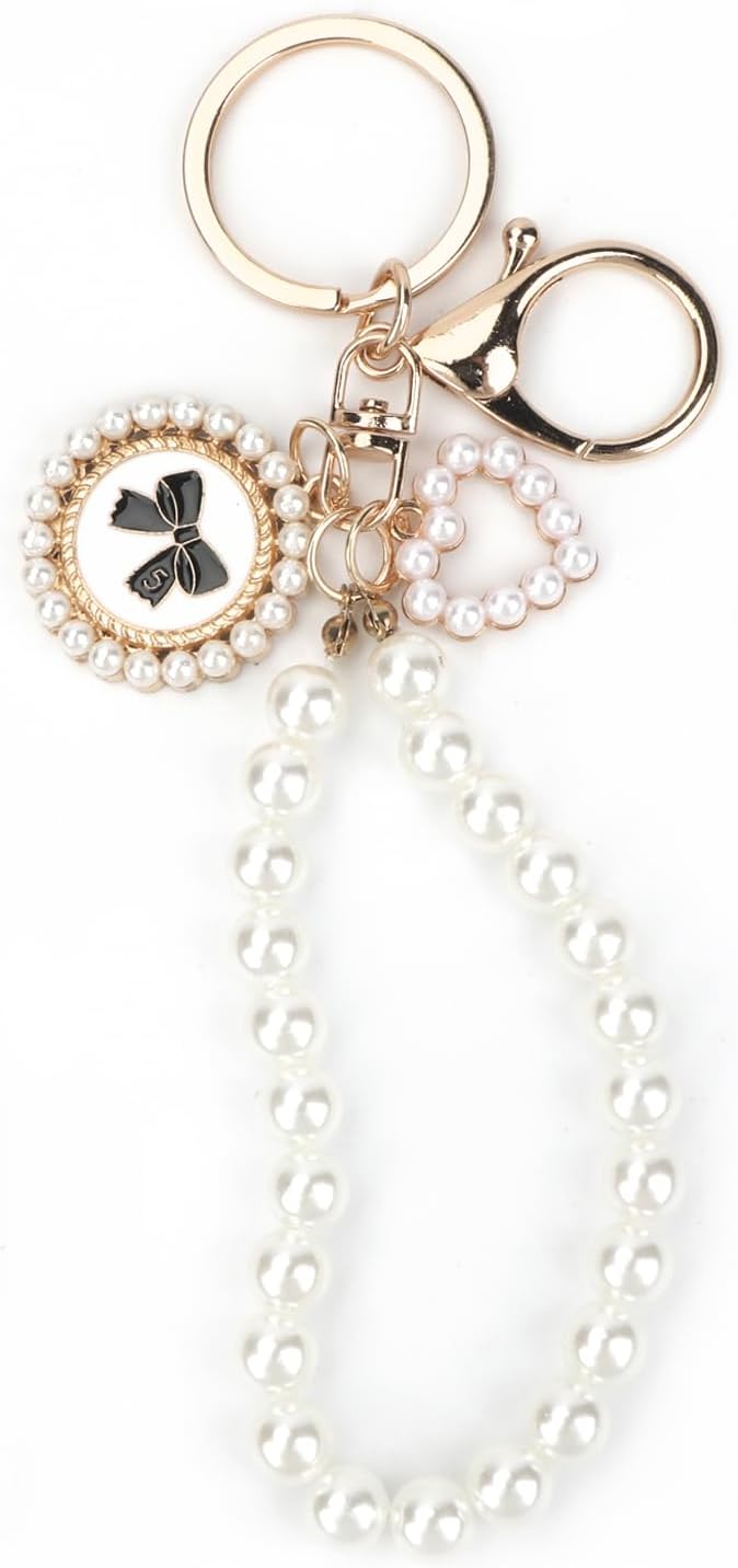 Pearl Keychain with White Bow,Beaded Wristlet Keychains Mother's Day Gift for Women Bow Key Charms