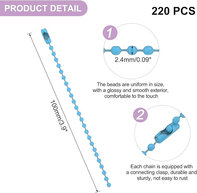 uxcell 220pcs Metal Ball Bead Chain, 100mm Long Bead Connector Clasp Dog Tag Hanging Chain for Key Chains Tags Craft Projects Jewelry Making, Sky Blue