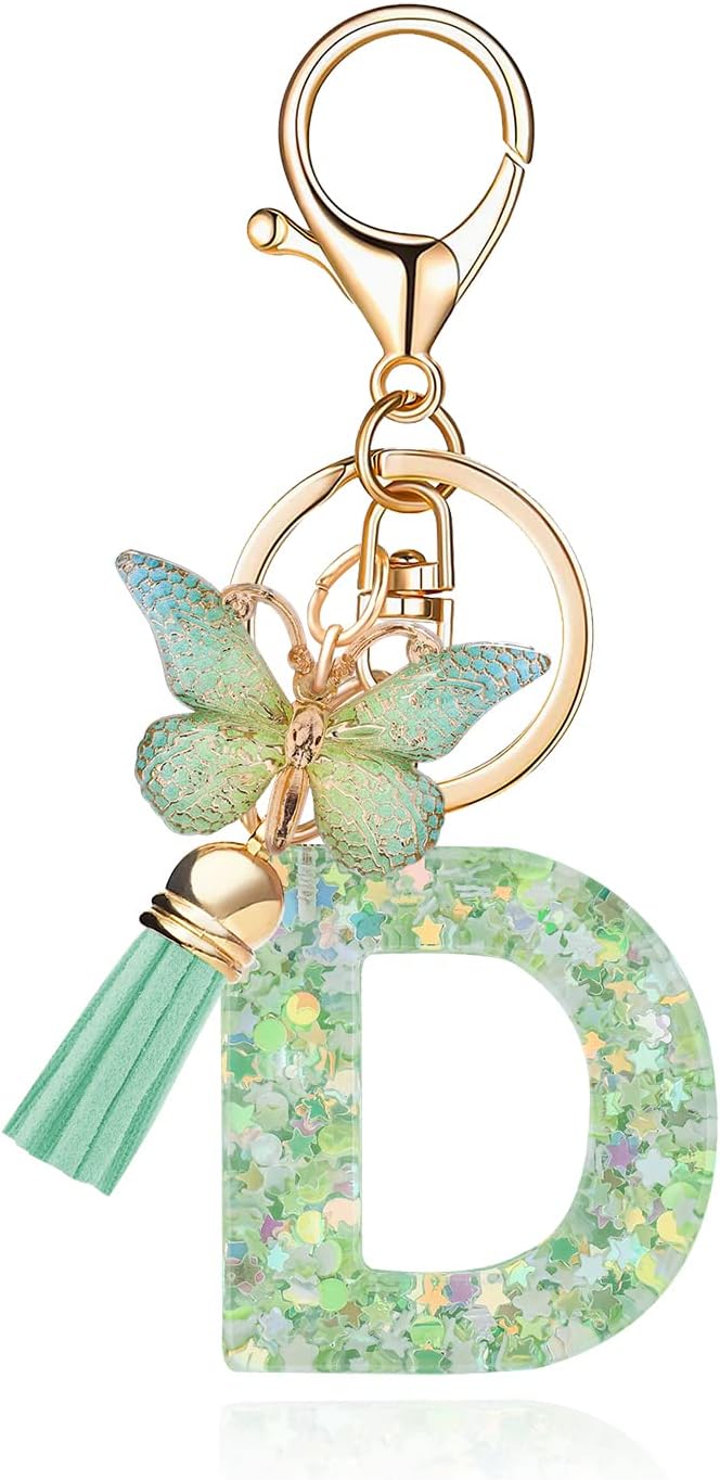 Fashion Alphabet Initial Letter Keychain Tassel Butterfly Pendant Key Ring for Purse Handbags Women Girl