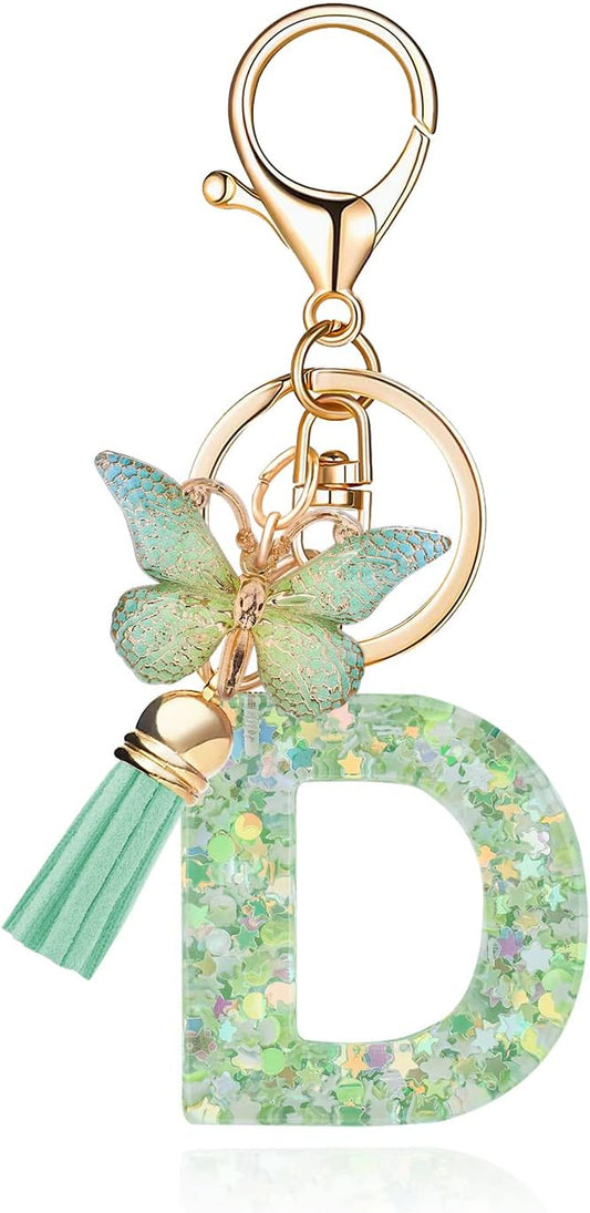 Fashion Alphabet Initial Letter Keychain Tassel Butterfly Pendant Key Ring for Purse Handbags Women Girl