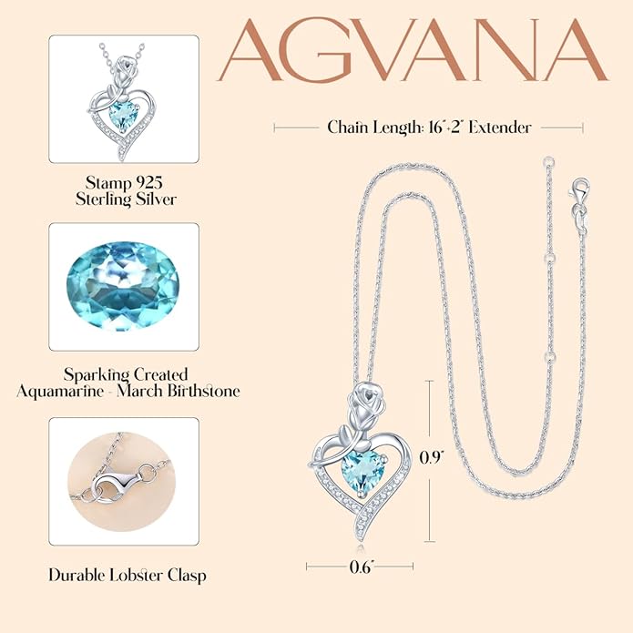 AGVANA Christmas Gifts Rosy Reverie Birthstone Necklace for Women Sterling Silver Genuine or Created Gemstone Rose Flower Heart Pendant Necklace Anniversary Birthday Gifts for Women Mom Wife Her