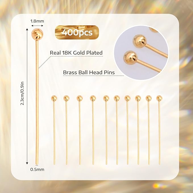 400 Pcs 14K Gold Plated Ball Head Pins 20mm Stainless Steel End Headpins Brass Wire Needle Straight Sewing Pins for Earring Pendant Bracelet Necklace Jewelry Making Findings DIY Craft Handmade