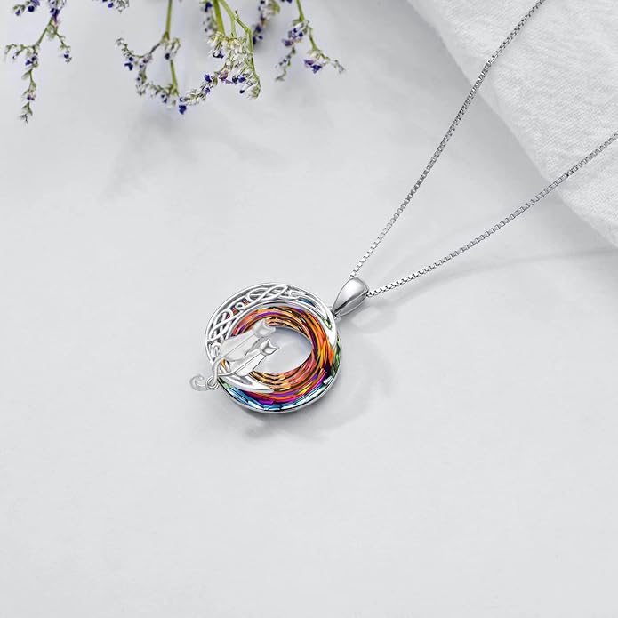 TOUPOP Cat Gifts for Cat Lovers One Two Three Four Cats Necklace Sterling Silver Cats on the Moon Pendant Necklace with Blue Circle Crystal Birthday Christmas Celtic Jewelry Gifts for Women
