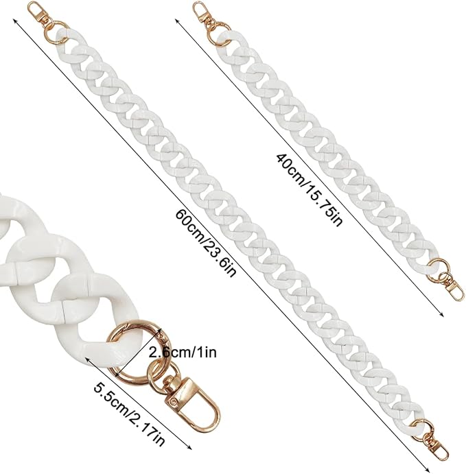 DaKuan 2 Pack White Acrylic Large Flat Bag Chains - 15.7" Handbag Strap & 23.5" Adjustable Shoulder Strap | Detachable Replacement Straps for Tote Bags, Purses, Clutches, DIY Crafts