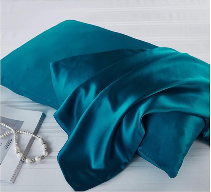 Mulberry Silk Pillowcases Set of 2, Hypoallergenic Satin Pillow Covers for Hair and Skin, with Hidden Zipper, Both Side 100% 19 Momme Silk (Peacock Blue,Queen)