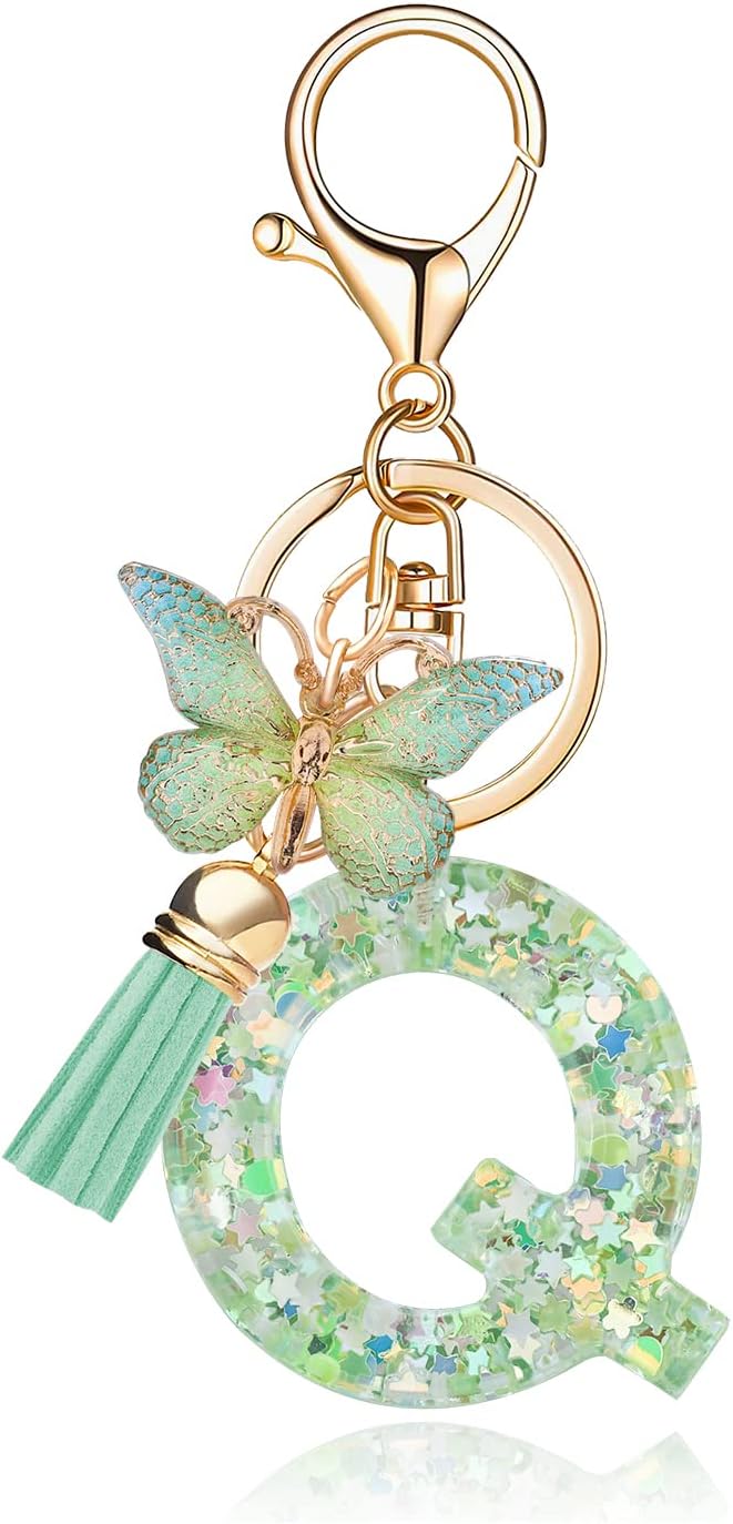 Fashion Alphabet Initial Letter Keychain Tassel Butterfly Pendant Key Ring for Purse Handbags Women Girl