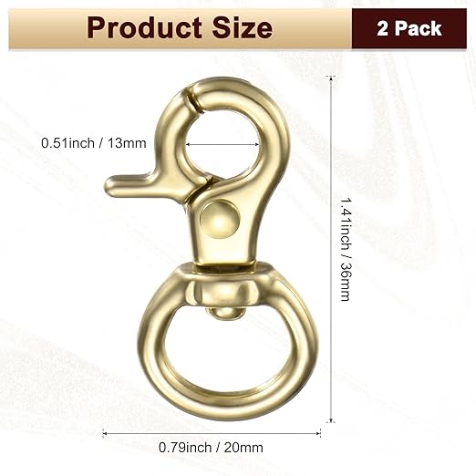 2-Pack Trigger Snap Hooks, 1.41" Brass Swivel Trigger Snaps Claw Spring Clasps Hooks for Shoulder Straps/Keychain Buckle/Belts, Lobster Clips 0.51" Ring ID