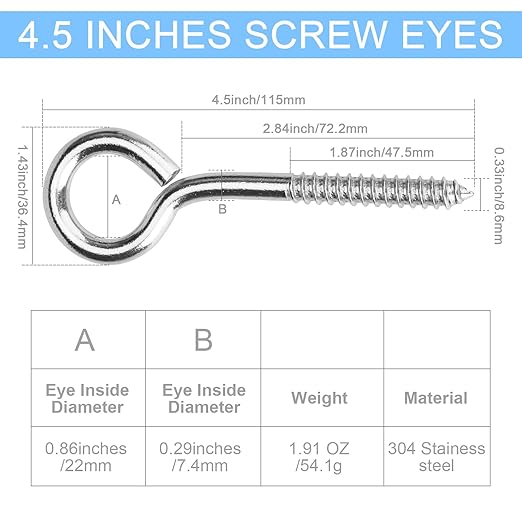 Aovchei Eye Screws, 4 Pcs 4.5 Inch Long, 304 Heavy Duty Stainless Steel Screw Hooks, Rust-Resistant Self Tapping Eyelet Bolts for Wood, Securing Cables Wires, Indoor & Outdoor for Hanging Artwork