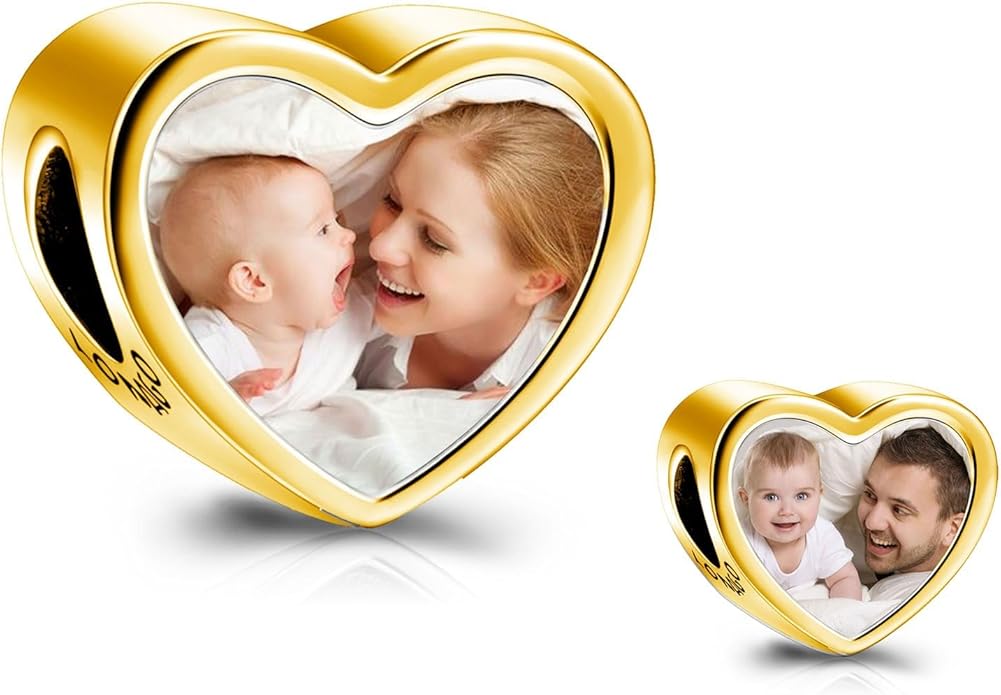 LONAGO 925 Sterling Silver Personalized Photo Charm Fit Compatible for Bracelet Necklace Customized Heart Round Shape Picture Bead