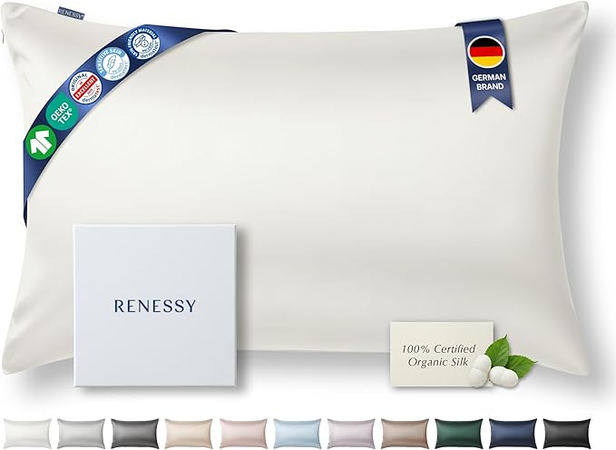 RENESSY Premium Silk Pillowcase 100% Organic Mulberry Silk, 22 Momme, Grade 6A - Oeko-Tex Certified in Germany - Luxury for Hair & Skin, 1 Piece (Queen Size 20x30 Inches, Natural Silk Off-White)