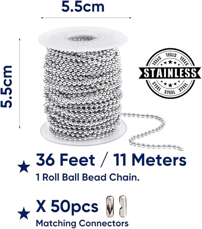 Ball Bead Chain Stainless Steel 36 Feet, Silver Metal #3 Bead Chain with 50pcs Connectors Clasps, Dog Tag Necklace Key Chains for Making DIY Crafts, 2.4mm Ball, 1 Roll 11 Meters