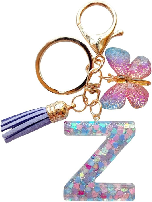 Cute Initial Letter Keychains for Women Girls Tassel Butterfly Pink Purple Green Keychain for Backpack School Bag