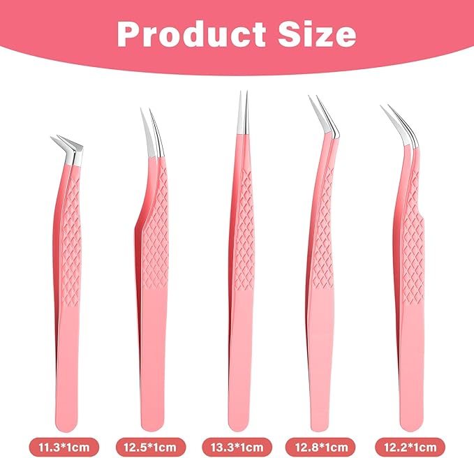 Wanmu 5 Pcs Lash Tweezers for Eyelash Extensions, Straight & Curved Precision Tweezers for Crafting, Classic Volume Mega Volume Lashes, Professional Eyelash Extension Artists Girls Women Beginners