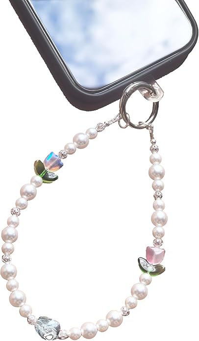 White Pearl Beaded Phone Bracelet wristlet,Cellphone Lanyard Charm Camera Wrist Strap with Pink and Blue Crystal Flowers, Green leaf, White and Pink