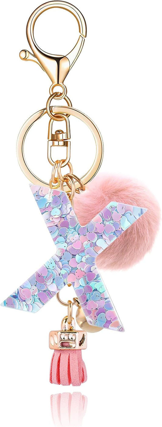 Resin Alphabet Initial Letter Keychain Keyring for Women Purse Handbags With Fur Ball Pom