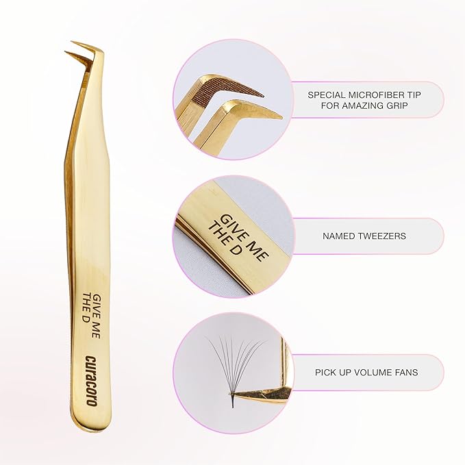Curacoro Lash Tweezer - Professional & Precision Fiber Tip Grip Lash Tweezers for Eyelash Extensions, Multi Shapes & Purposes Tweezers for Volume, Isolation & Classic Lashes (Gold, Give Me the D)