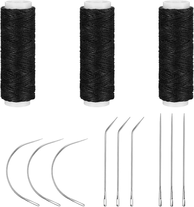 LIQWEI 11 Pcs Needle and Thread Set for Hair Weaving Needle, Blackhair Weaving Thread, Curved Upholstery Needles for Making Wig DIY Hand Sewing Hair Weave Extension