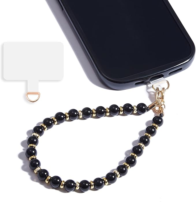 Marble Beaded Phone Wrist Strap,Detachable Phone Bracelet Strap with Tether Tab,Hands-Free Wristlet Strap (Obsidian-Black)