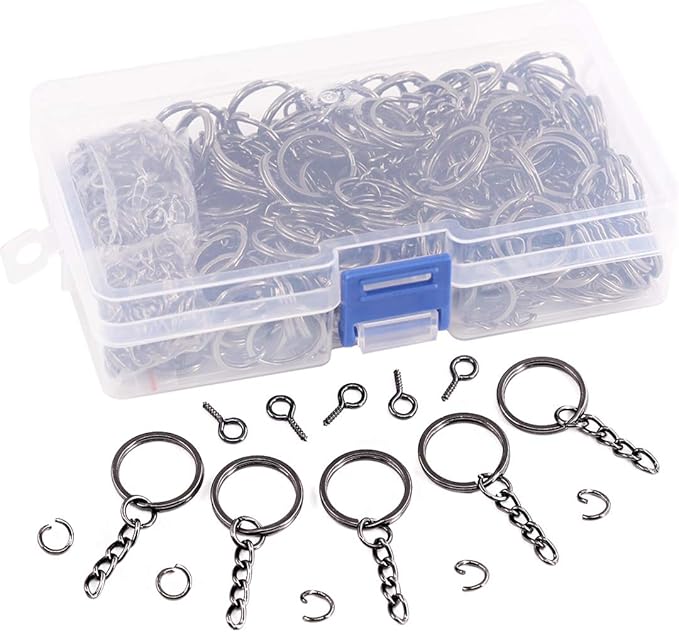 Swpeet 450Pcs 4/5 Inch 20mm Black Flat Key Chain Rings Kit, Including 150Pcs Split Keychain Rings with Chain and 150Pcs Jump Ring with 150Pcs Screw Eye Pins Bulk for Jewelry Findings Making