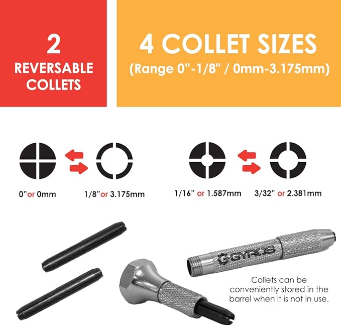 GYROS Swivel Head Pin Vise Hand Drill, 0"(0mm) to 1/8"(3.175mm) w/Anti-Slip Nickel Plated Steel Body & 2 Reversible Collets, Small Hand Drill for Precision Drilling of Jewelry, Plastic, & Wood