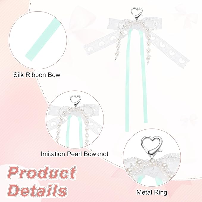 MECCANIXITY Pearl Bow Keychain, Y2k Aesthetic Hollow Heart Bowknot Ribbon Keyring, Cute Bag Charm for Tote Bags Purse Handbag