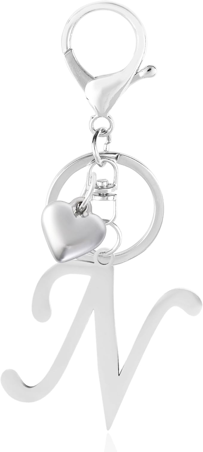 A-Z Heart Initial Letter Keychain, Stainless Steel Alphabet Charm for Handbags, Gift for Women and Girls