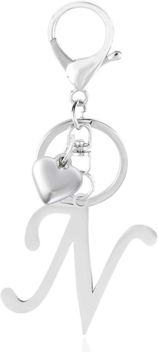 A-Z Heart Initial Letter Keychain, Stainless Steel Alphabet Charm for Handbags, Gift for Women and Girls