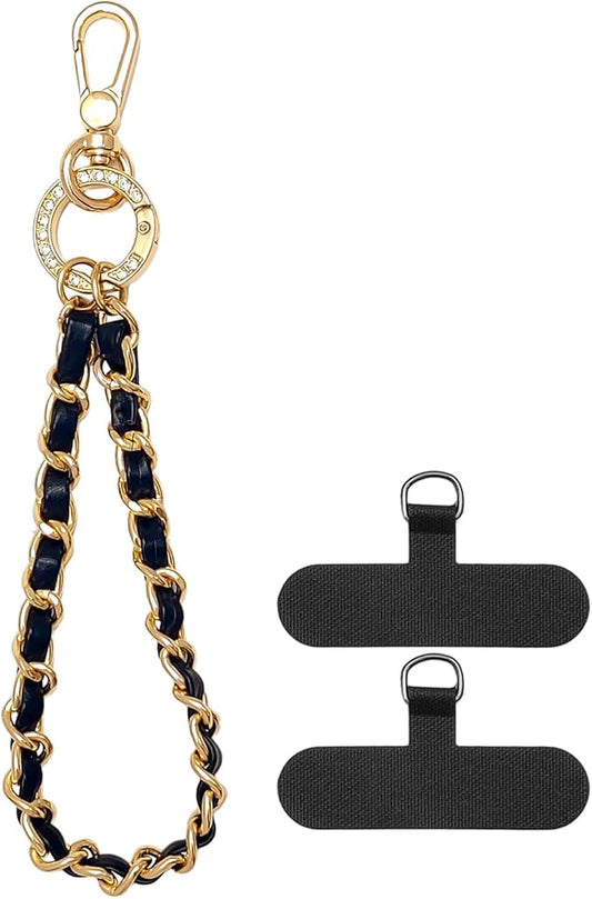 Phone Wrist Strap with Metal Chain Phone Lanyard Wrist with 2 Tether Tabs Metal Leather Cellphone Charm Phone Chain