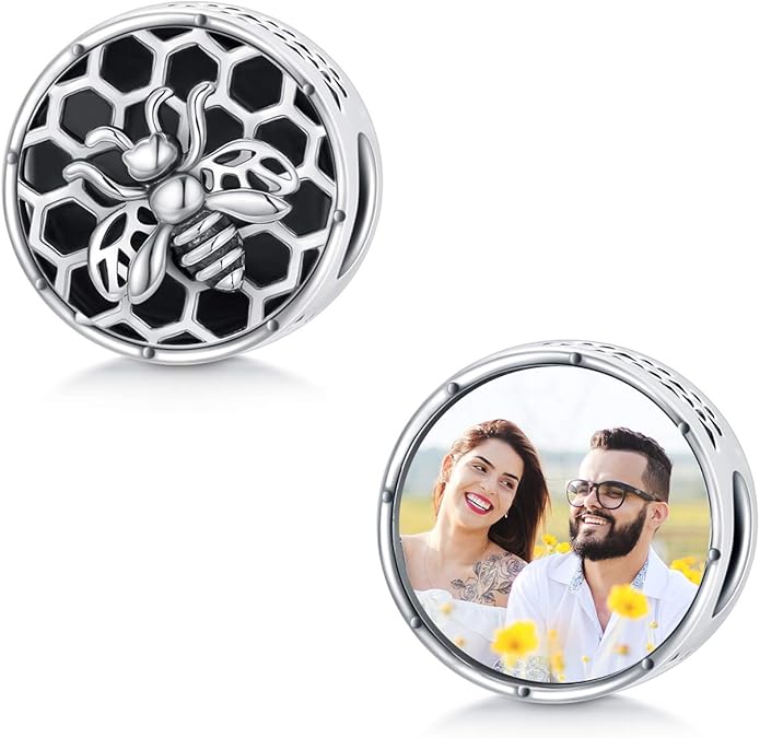 LONAGO 925 Sterling Silver Personalized Photo Charm Fit Compatible for Bracelet Necklace Customized Heart Round Shape Picture Bead