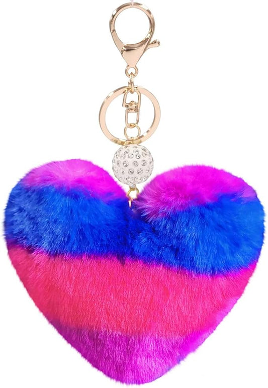 Women's Heart Faux Fur Pom Pom Key Chains Bag Accessory Puffball Keyring Backpack Charms for Girls