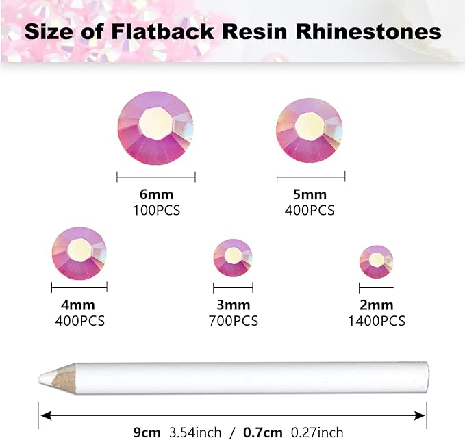 3000PCS Resin Flatback Rhinestone, 2mm 3mm 4mm 5mm 6mm Dark Pink AB Flatback Jelly Resin Rhinestones for Tumblers, Mugs, Bottles, Craft Decoration, Loose Bling Glitter Gem Stone