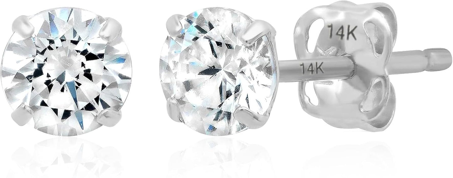 14k Gold Solitaire Round Cubic Zirconia Earrings Studs for Women & Men | Anti Tarnishing CZ Stud Earrings with 14k Gold Butterfly Pushbacks | 4MM-7.5MM by MAX + STONE