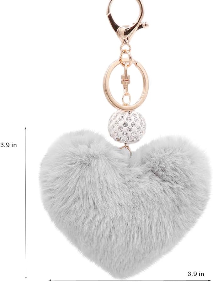 Women's Heart Faux Fur Pom Pom Key Chains Bag Accessory Puffball Keyring Backpack Charms for Girls