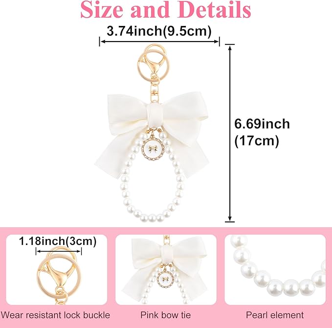 Joez Wonderful Pearl Bow Keychain, Cute Pink Bowknot & Pearl Keyring Charms, Aesthetic Keychain